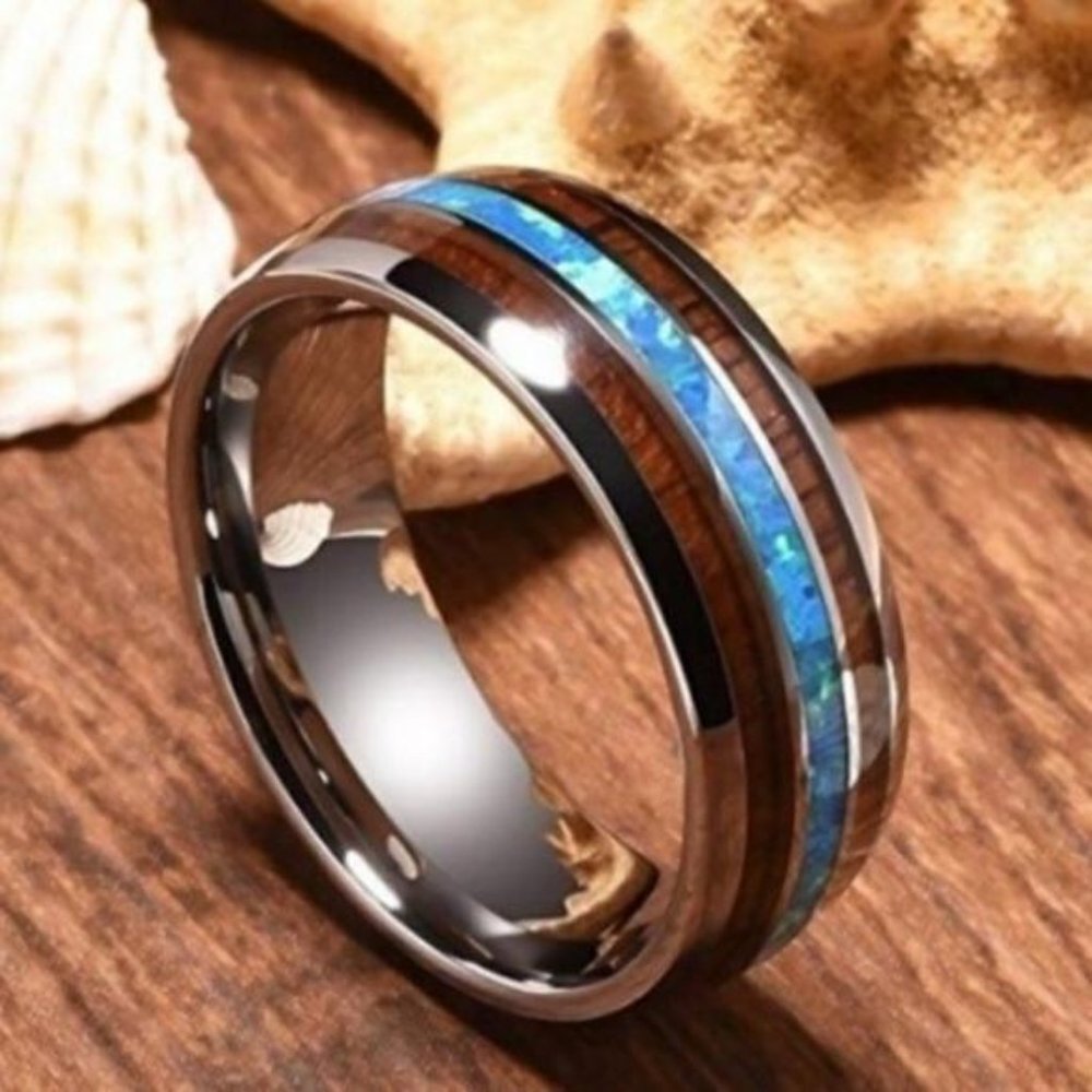 New Unisex Tungsten Hawaiian Koa Wood Abalone Ring